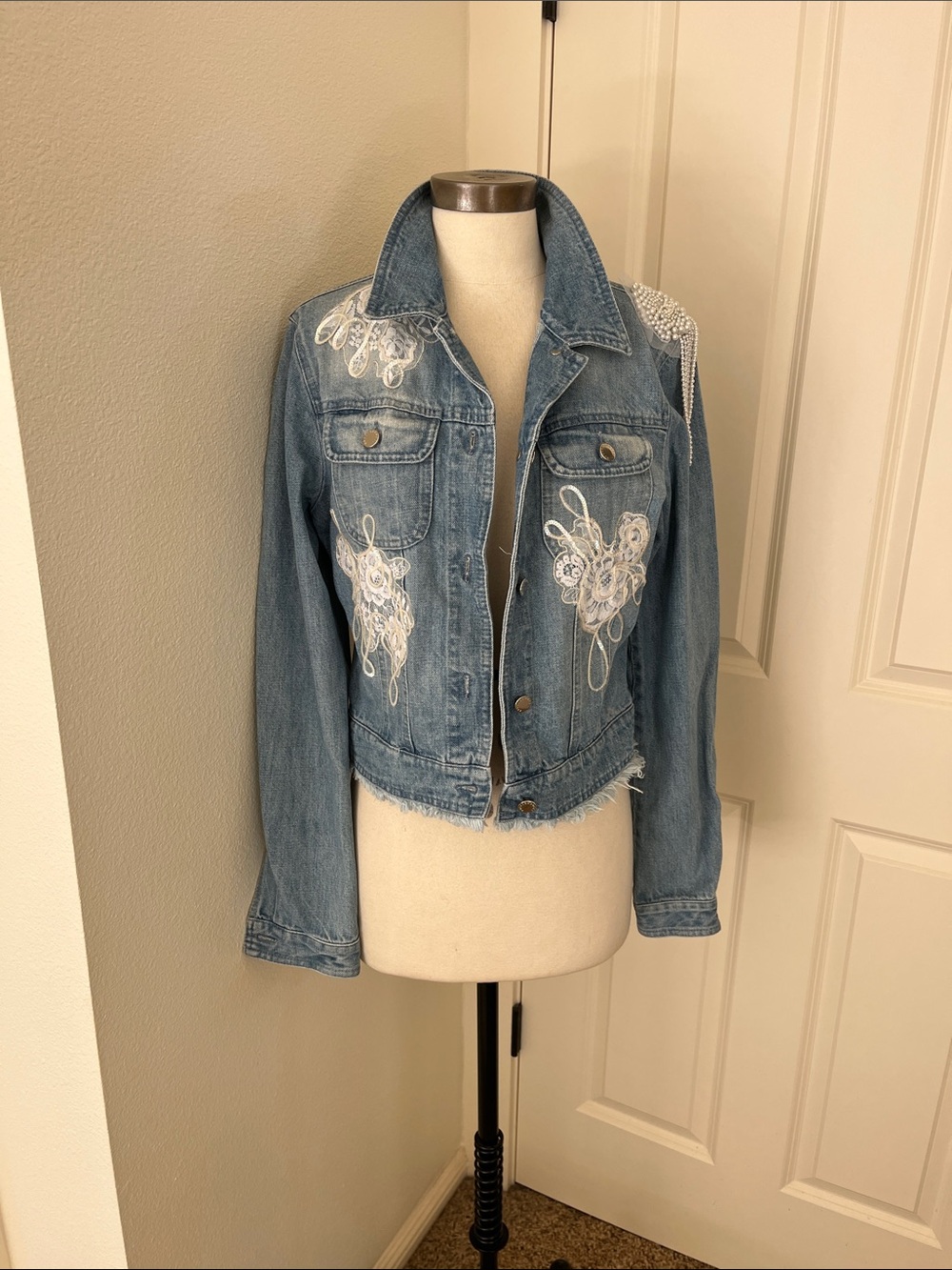 Embellished Light Blue Denim Jacket with White Lace Appliqué Roccobarocco